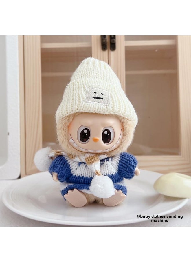 Labubu Clothes Accessories 17CM One Or Two Generation Labubu Pendant Baby Clothes Autumn And Winter Sweater Hat Scarf-Specifications:Suitable For 17cm Labu Cloth-Color:Dark Blue Striped Sweater + Brown Striped Scarf + White Square Face Hat  - Image 1
