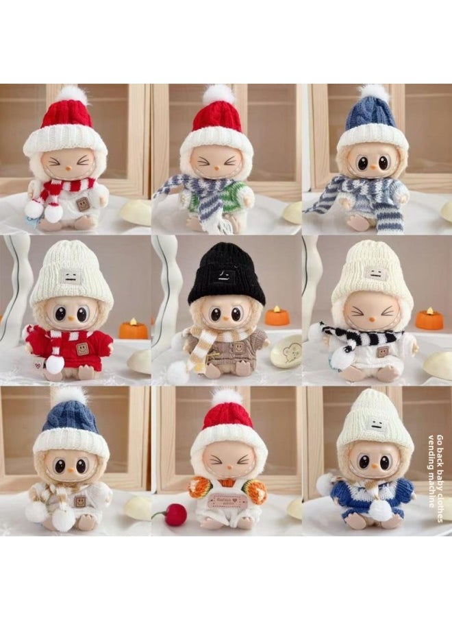 Labubu Clothes Accessories 17CM One Or Two Generation Labubu Pendant Baby Clothes Autumn And Winter Sweater Hat Scarf-Specifications:Suitable For 17cm Labu Cloth-Color:Dark Blue Striped Sweater + Brown Striped Scarf + White Square Face Hat  - Image 2