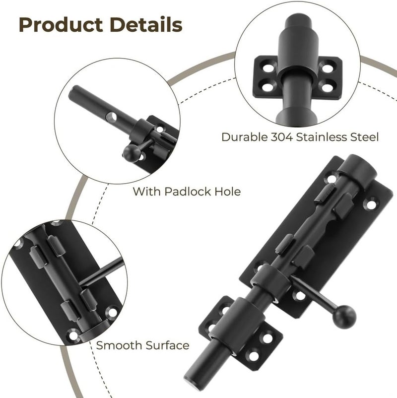 304 Steel Latches, Heavy Duty Stainless Sliding Bolts With Hole, Interior Door Latches For Wooden Fence, Shed, Yard, Barn Door, Steel Barrel Bolts 6 In 2Pcs - Image 3