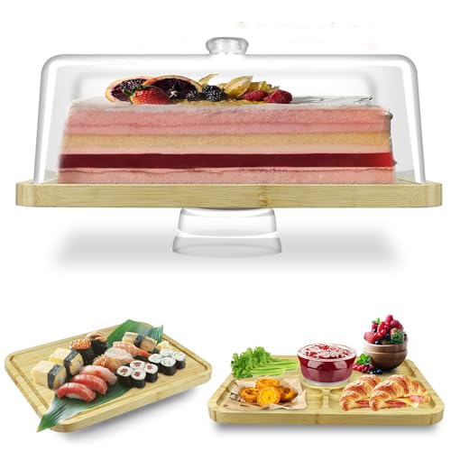 Cutesun Bamboo Wood Cake Stand with Lid - Rectangular Cake Holder, 16'' 2-in-1 Dessert Table Display Set & Charcuterie Board for Cheese, Chips, Fruit Platter, Large/big Acrylic Cake Dome Cover, Natural - Image 1