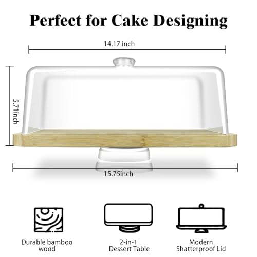 Cutesun Bamboo Wood Cake Stand with Lid - Rectangular Cake Holder, 16'' 2-in-1 Dessert Table Display Set & Charcuterie Board for Cheese, Chips, Fruit Platter, Large/big Acrylic Cake Dome Cover, Natural - Image 2