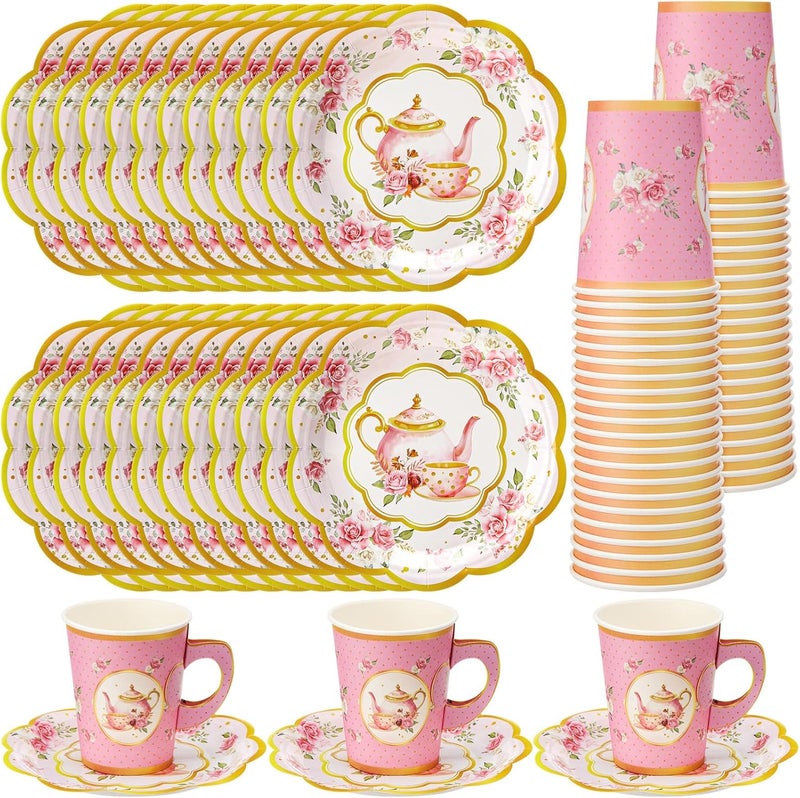 Domensi 60 Pieces Tea Party Decorations Include 30 Pcs 9 oz Paper Cups with Handle and 30 Pcs Tea Party Paper Plates Disposable Blossom Teacups and Saucers for wedding FavorsTeapot - Image 1