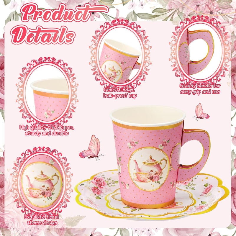 Domensi 60 Pieces Tea Party Decorations Include 30 Pcs 9 oz Paper Cups with Handle and 30 Pcs Tea Party Paper Plates Disposable Blossom Teacups and Saucers for wedding FavorsTeapot - Image 3