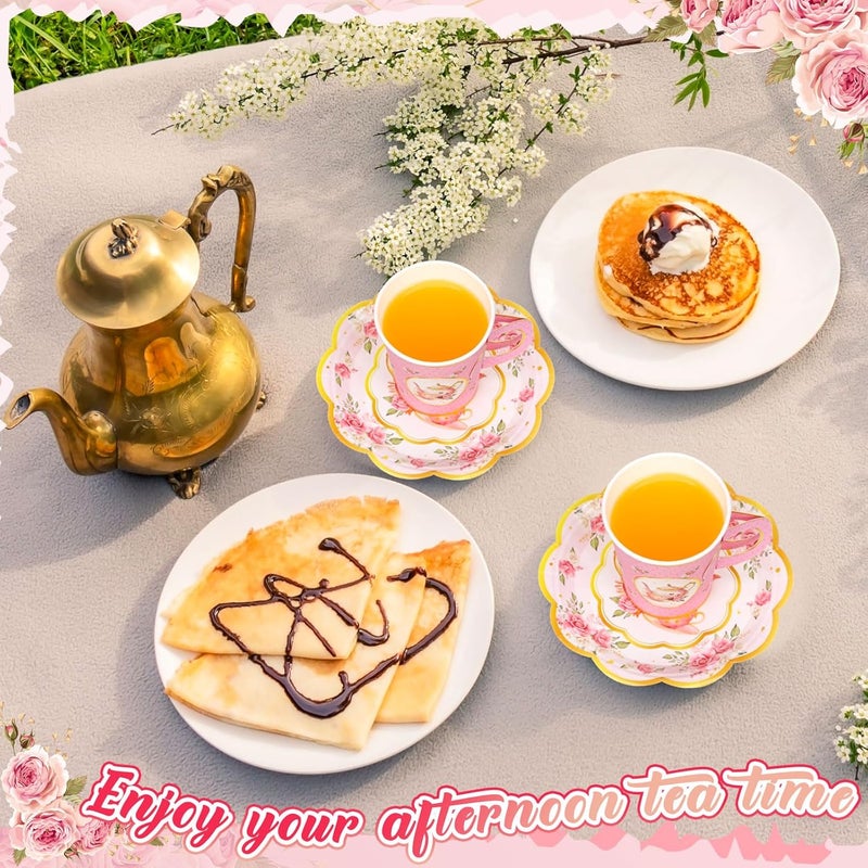 Domensi 60 Pieces Tea Party Decorations Include 30 Pcs 9 oz Paper Cups with Handle and 30 Pcs Tea Party Paper Plates Disposable Blossom Teacups and Saucers for wedding FavorsTeapot - Image 4