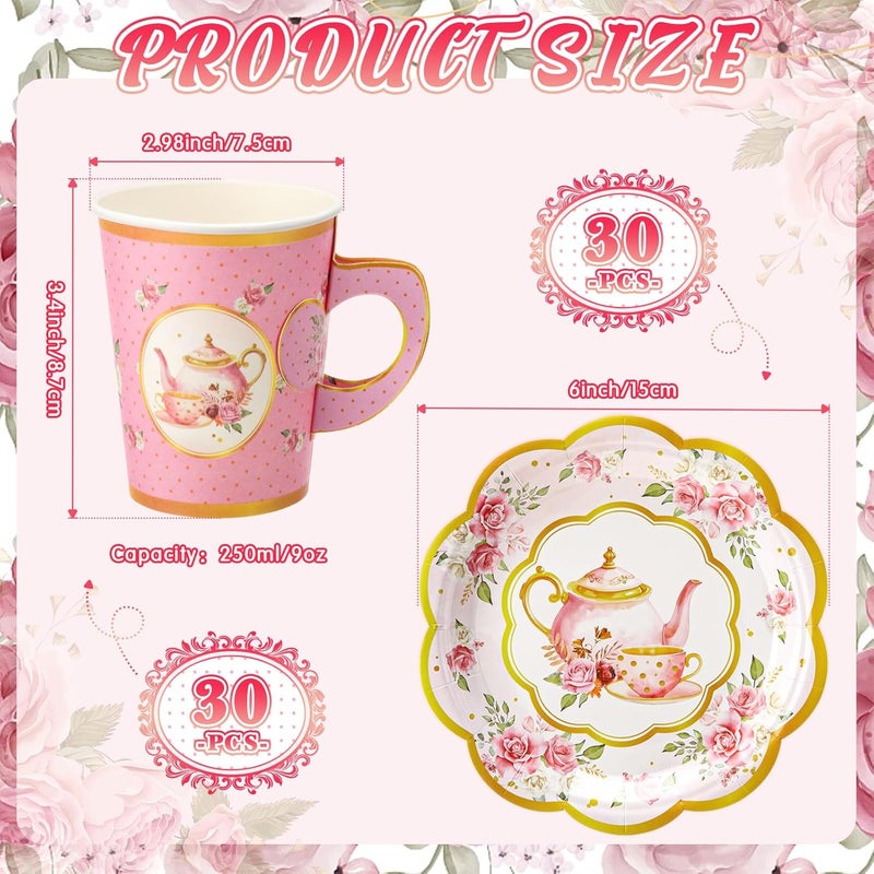 Domensi 60 Pieces Tea Party Decorations Include 30 Pcs 9 oz Paper Cups with Handle and 30 Pcs Tea Party Paper Plates Disposable Blossom Teacups and Saucers for wedding FavorsTeapot - Image 2
