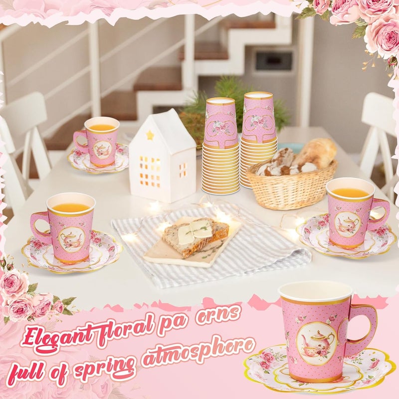 Domensi 60 Pieces Tea Party Decorations Include 30 Pcs 9 oz Paper Cups with Handle and 30 Pcs Tea Party Paper Plates Disposable Blossom Teacups and Saucers for wedding FavorsTeapot - Image 5