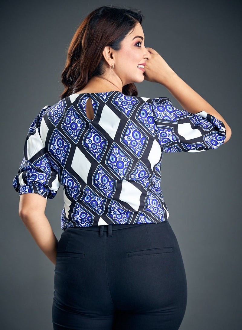 Zigzag Print Puff Sleeve Blue Blouse - Image 3