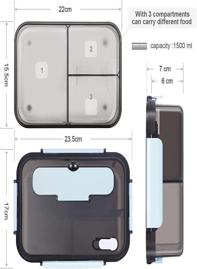 Hatanu Mall Lunch Box Leak Proof 3 Compartment Lunch Box Reusable Microwave Freezer Safe Food Containers with Spoon and Fork for Adults and Kids 1500ml - Multicolor - Image 2