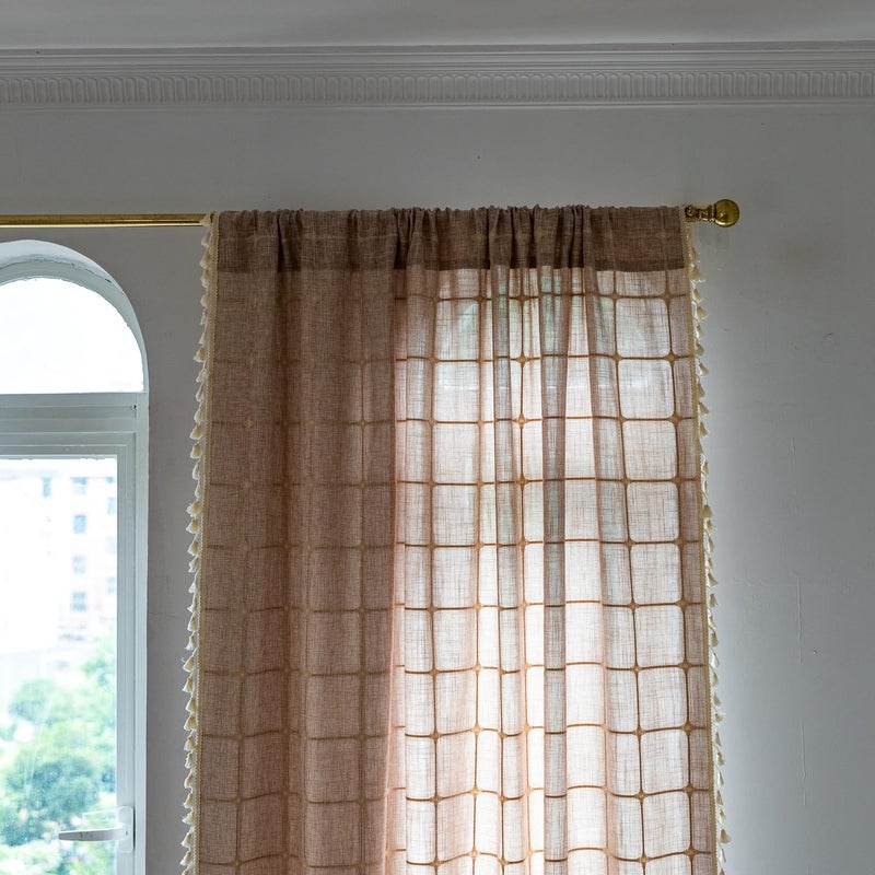 Deeprove Boho Curtains 96 Inches Long for Bedroom  Cotton Linen Light Brown Plaids Embroidery Semi Blackout Bohemian Aesthetic Window Treatment Grids Drape Tassels  1 Panel W52 x L96 Tan - Image 2