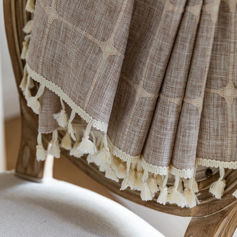 Deeprove Boho Curtains 96 Inches Long for Bedroom  Cotton Linen Light Brown Plaids Embroidery Semi Blackout Bohemian Aesthetic Window Treatment Grids Drape Tassels  1 Panel W52 x L96 Tan - Image 4