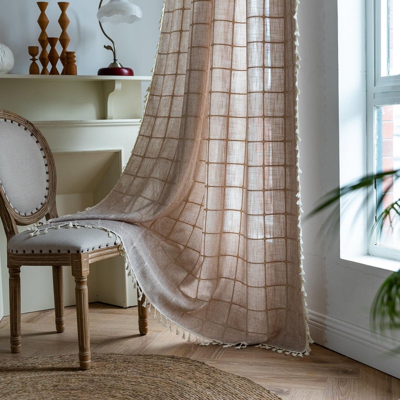 Deeprove Boho Curtains 96 Inches Long for Bedroom  Cotton Linen Light Brown Plaids Embroidery Semi Blackout Bohemian Aesthetic Window Treatment Grids Drape Tassels  1 Panel W52 x L96 Tan - Image 1