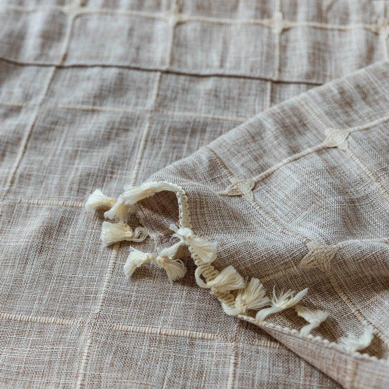 Deeprove Boho Curtains 96 Inches Long for Bedroom  Cotton Linen Light Brown Plaids Embroidery Semi Blackout Bohemian Aesthetic Window Treatment Grids Drape Tassels  1 Panel W52 x L96 Tan - Image 3