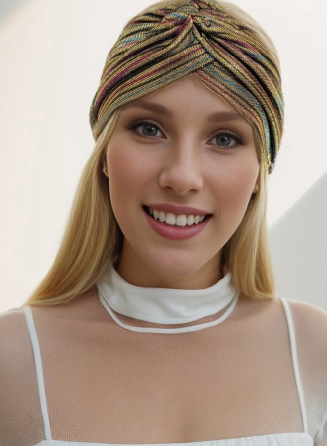 Fashion 21 ] Women's Pleated Glittered Turban Hat Head Wear (Gold Multi), Gold Multi, One size - Image 3