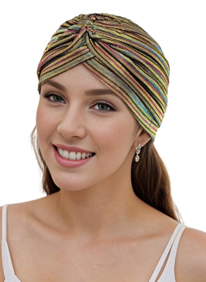 Fashion 21 ] Women's Pleated Glittered Turban Hat Head Wear (Gold Multi), Gold Multi, One size - Image 2
