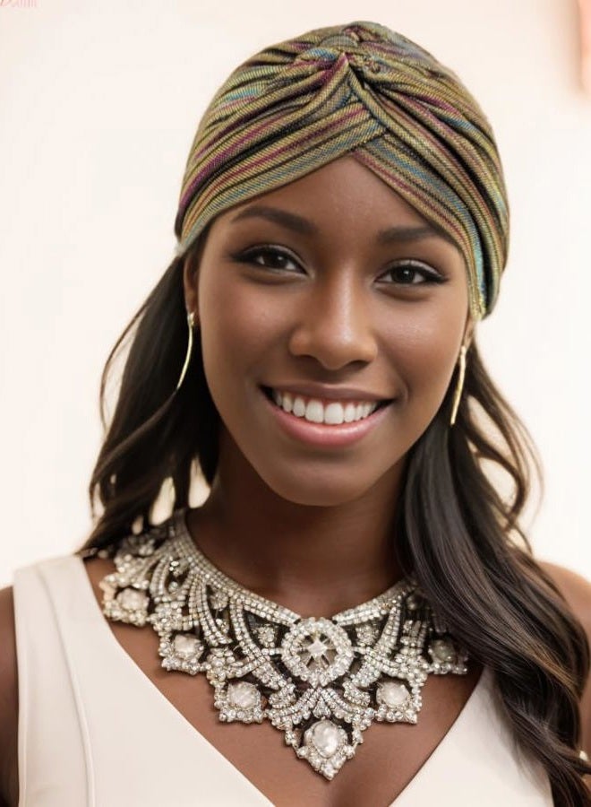 Fashion 21 ] Women's Pleated Glittered Turban Hat Head Wear (Gold Multi), Gold Multi, One size - Image 5