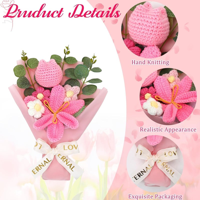 Augshy Crochet Flower Bouquet, Pink Crochet Tulip Daisy Bouquet Artificial Knitted Flower Bouquet for Home Decor Wedding Birthday Engagement Mother’s Day Graduation - Image 3