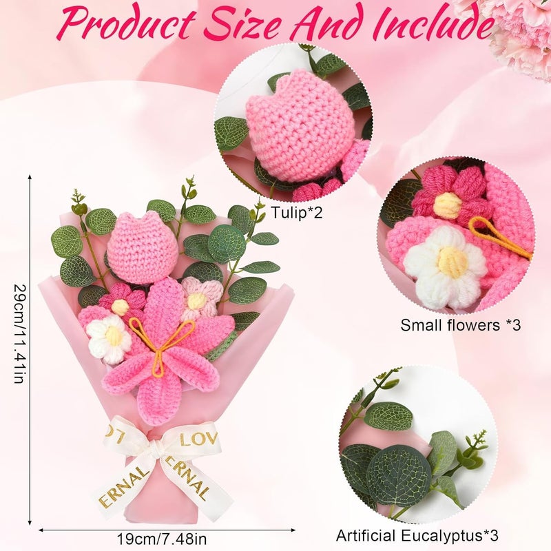 Augshy Crochet Flower Bouquet, Pink Crochet Tulip Daisy Bouquet Artificial Knitted Flower Bouquet for Home Decor Wedding Birthday Engagement Mother’s Day Graduation - Image 2