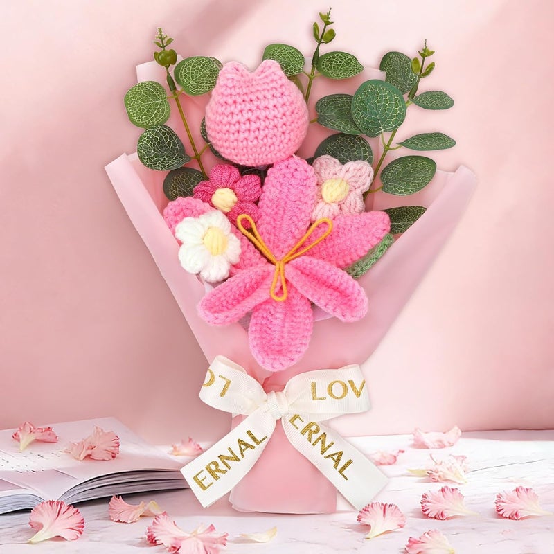 Augshy Crochet Flower Bouquet, Pink Crochet Tulip Daisy Bouquet Artificial Knitted Flower Bouquet for Home Decor Wedding Birthday Engagement Mother’s Day Graduation - Image 4