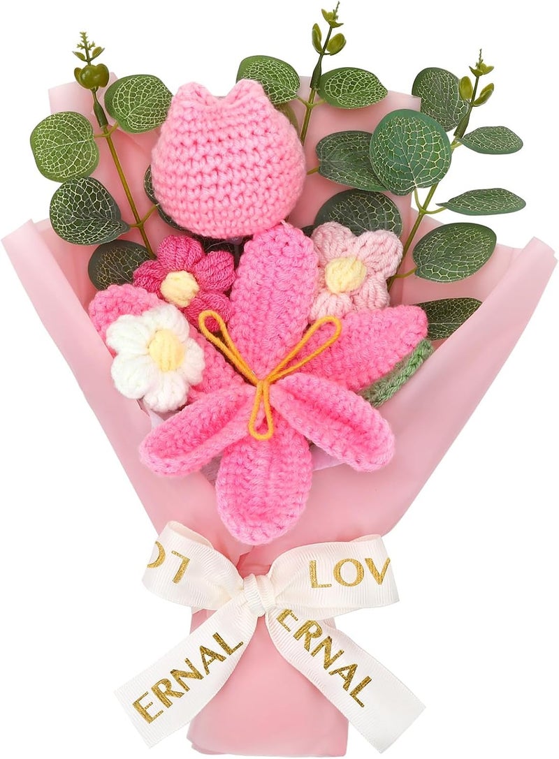 Augshy Crochet Flower Bouquet, Pink Crochet Tulip Daisy Bouquet Artificial Knitted Flower Bouquet for Home Decor Wedding Birthday Engagement Mother’s Day Graduation - Image 1