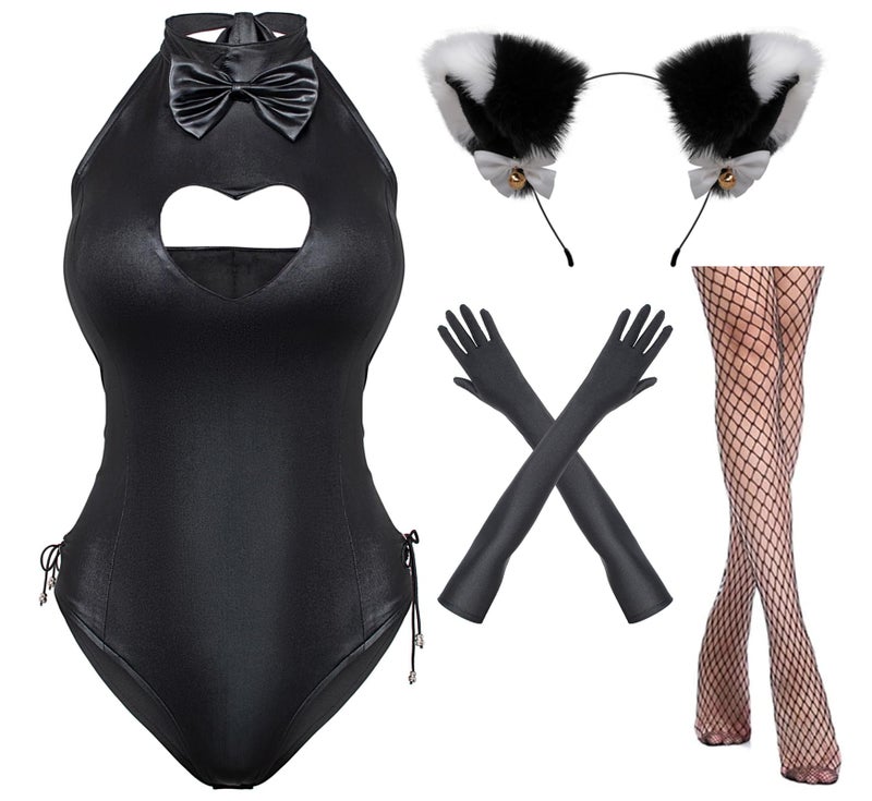 Yuriko Womens Bunny Costume Girl Suit Button Crotch Romper Onesie Bodysuit Cosplay Costume Furry Cat Ear Gloves Socks setBlack M - Image 4