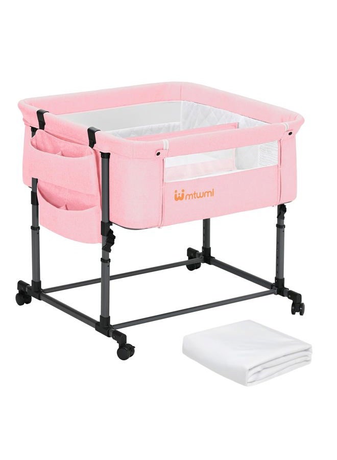MTWML Twin Baby Crib Twin Portable Cradle Height Adjustable Safety Strap with Storage Bag and Replaceable Mattress Cover for Secure Bed 0-6 Months (Pink) - Image 1