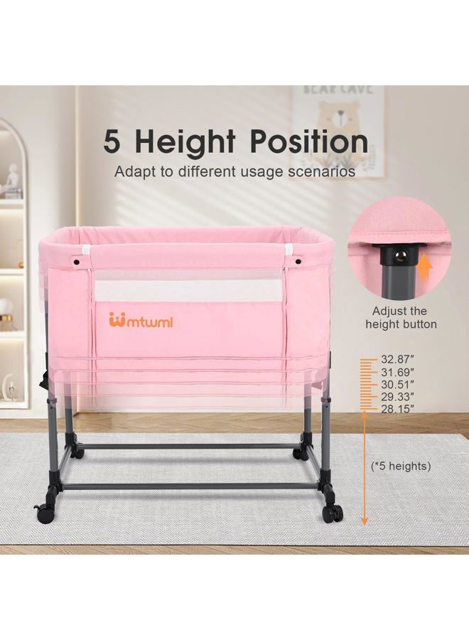MTWML Twin Baby Crib Twin Portable Cradle Height Adjustable Safety Strap with Storage Bag and Replaceable Mattress Cover for Secure Bed 0-6 Months (Pink) - Image 5