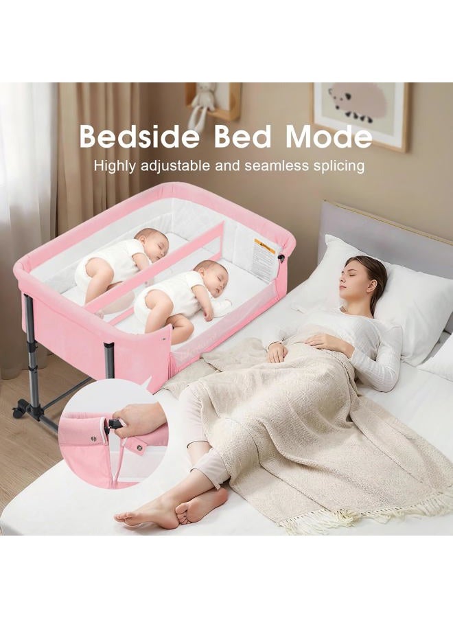 MTWML Twin Baby Crib Twin Portable Cradle Height Adjustable Safety Strap with Storage Bag and Replaceable Mattress Cover for Secure Bed 0-6 Months (Pink) - Image 2