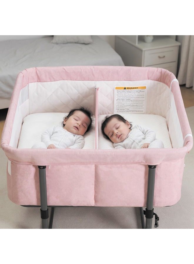 MTWML Twin Baby Crib Twin Portable Cradle Height Adjustable Safety Strap with Storage Bag and Replaceable Mattress Cover for Secure Bed 0-6 Months (Pink) - Image 3