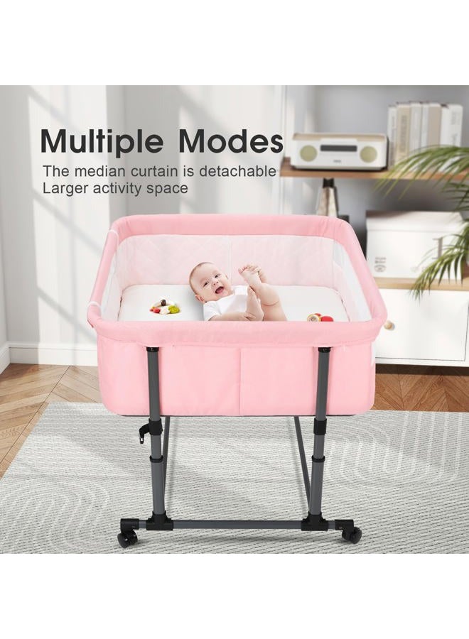 MTWML Twin Baby Crib Twin Portable Cradle Height Adjustable Safety Strap with Storage Bag and Replaceable Mattress Cover for Secure Bed 0-6 Months (Pink) - Image 4