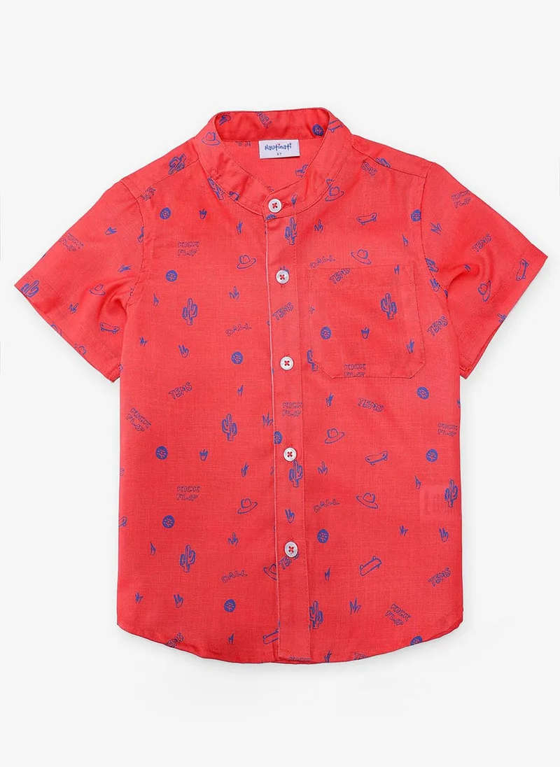 Nautinati Nautinati Boys Orange Graphic Print Linen Half Sleeve Shirt with Navy Cotton Shorts