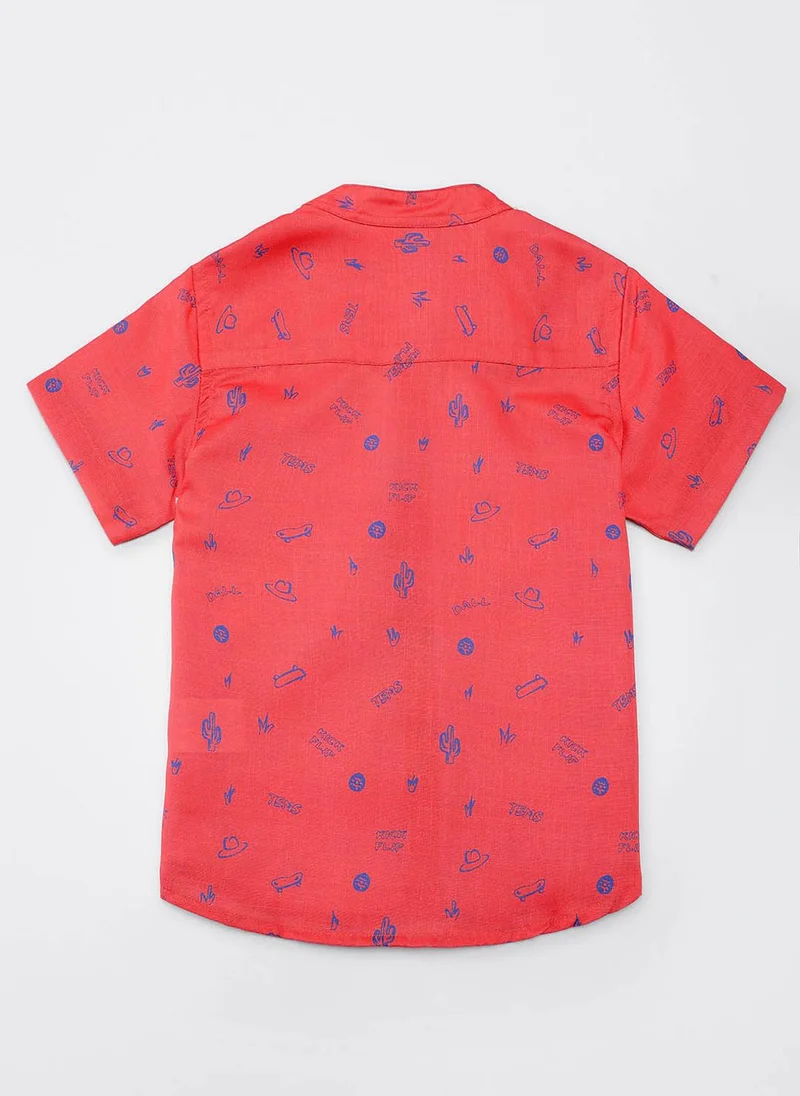 Nautinati Nautinati Boys Orange Graphic Print Linen Half Sleeve Shirt with Navy Cotton Shorts