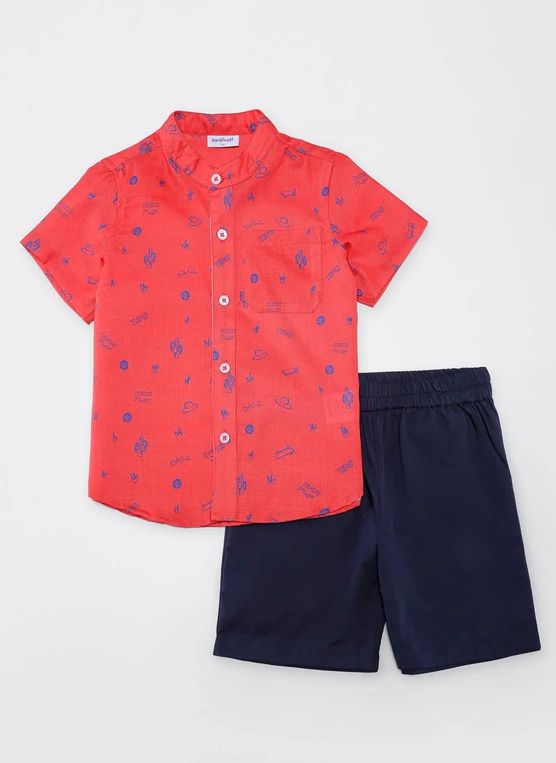 Nautinati Nautinati Boys Orange Graphic Print Linen Half Sleeve Shirt with Navy Cotton Shorts
