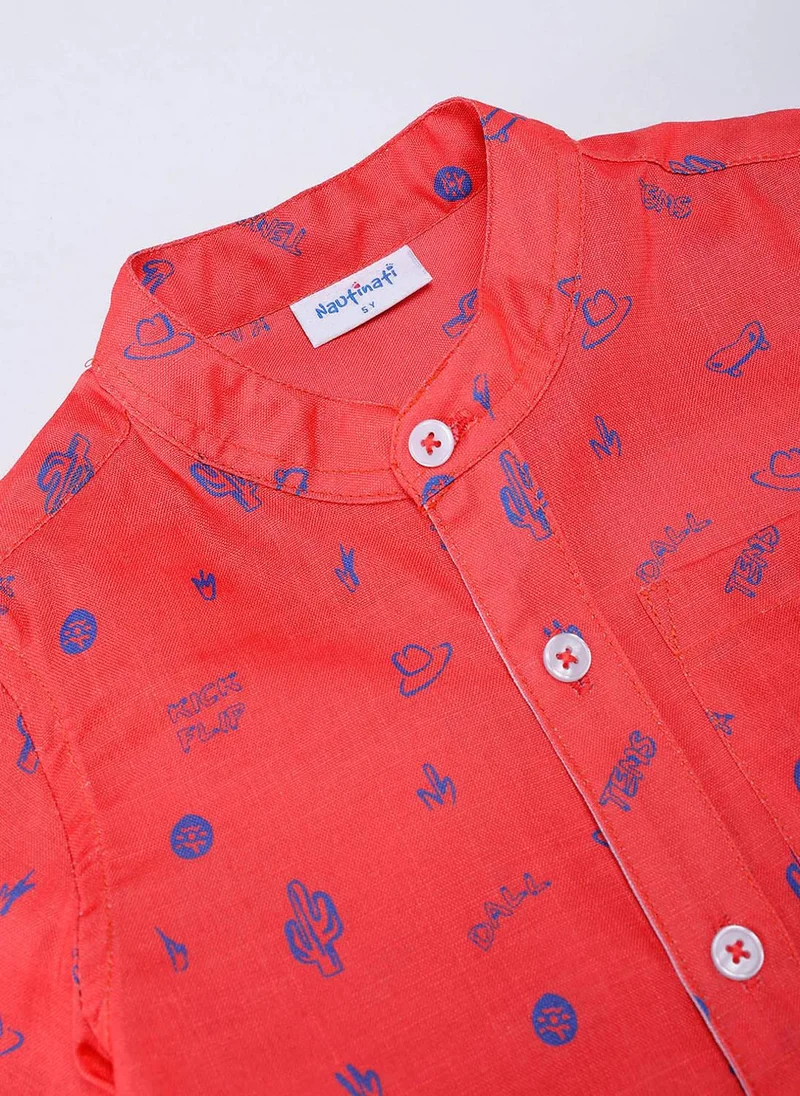 Nautinati Nautinati Boys Orange Graphic Print Linen Half Sleeve Shirt with Navy Cotton Shorts