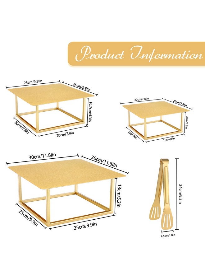 Dualshine 3 Pcs Square Gold Cake Stand Set, 8" 10" 12" Elegant Wedding Cake Stands & Dessert Table Display - Perfect for Birthday, Wedding Reception & Party Decor - Includes 2 Gold Tongs (Metal) - Image 4