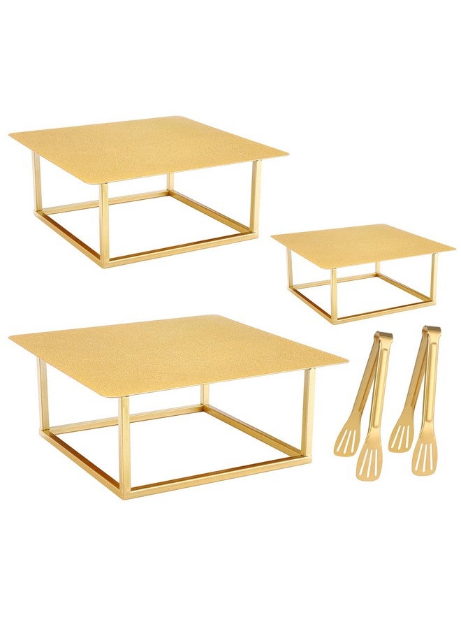 Dualshine 3 Pcs Square Gold Cake Stand Set, 8" 10" 12" Elegant Wedding Cake Stands & Dessert Table Display - Perfect for Birthday, Wedding Reception & Party Decor - Includes 2 Gold Tongs (Metal) - Image 1