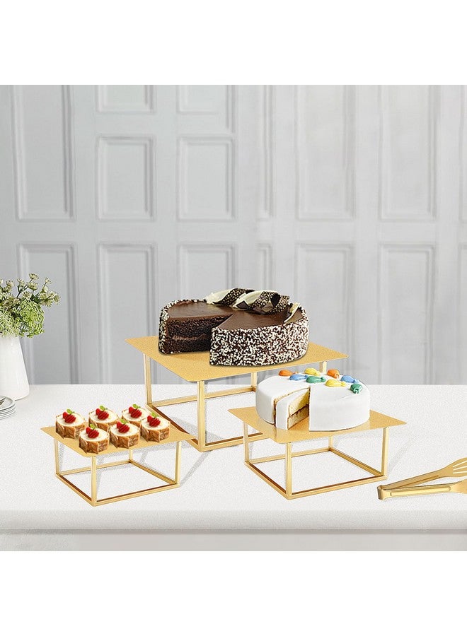 Dualshine 3 Pcs Square Gold Cake Stand Set, 8" 10" 12" Elegant Wedding Cake Stands & Dessert Table Display - Perfect for Birthday, Wedding Reception & Party Decor - Includes 2 Gold Tongs (Metal) - Image 5
