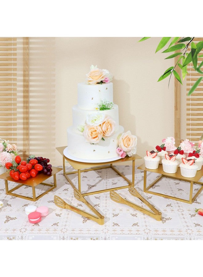 Dualshine 3 Pcs Square Gold Cake Stand Set, 8" 10" 12" Elegant Wedding Cake Stands & Dessert Table Display - Perfect for Birthday, Wedding Reception & Party Decor - Includes 2 Gold Tongs (Metal) - Image 2
