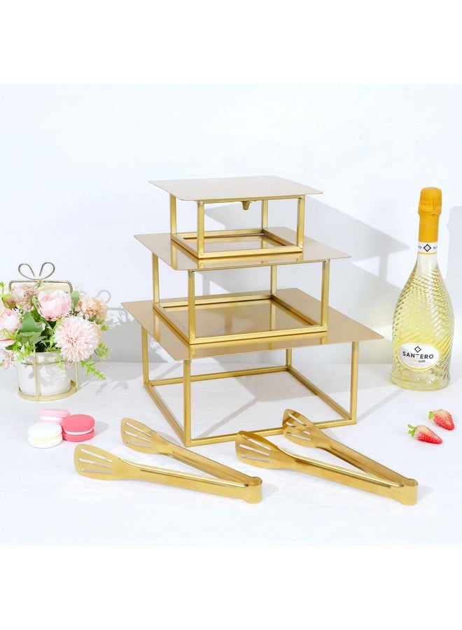 Dualshine 3 Pcs Square Gold Cake Stand Set, 8" 10" 12" Elegant Wedding Cake Stands & Dessert Table Display - Perfect for Birthday, Wedding Reception & Party Decor - Includes 2 Gold Tongs (Metal) - Image 3