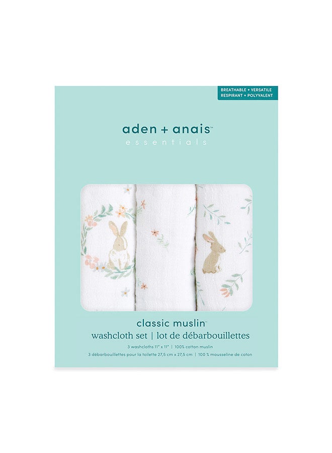 aden + anais Pack of 3 Essentials Classic Washcloth Set, Super Soft 100% Cotton Muslin, Blushing Bunnies - Image 2