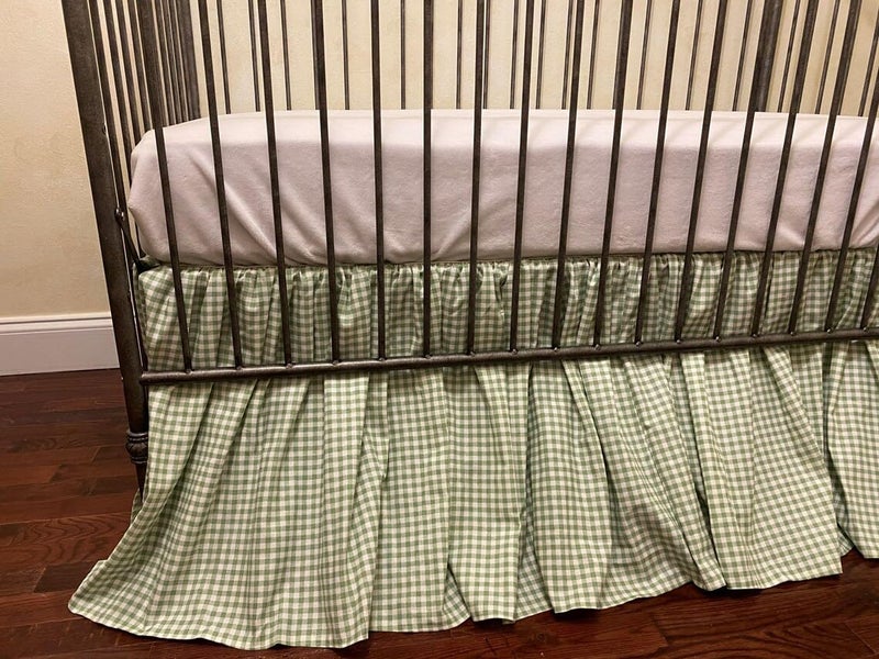 Brandream Gingham Gathered Crib Skirt, Baby Boy, Baby Girl, Gender Neutral Crib Skirt, 100% Cotton, 4-Sided, Green Gingham Toddler Bedskirt Farmhouse Chic Nursery Crib Bed Skirt Dust Ruffle - Image 1