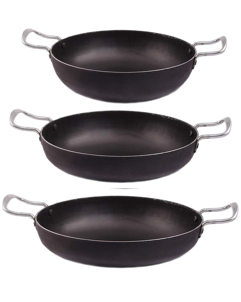 KITCHEN SHOPEE Traditional Handmade Iron Kadai Combo for Cooking 8 Inches 9 Inches and 11 inches Diameter Black 7 litres 3 Kadai - Image 1