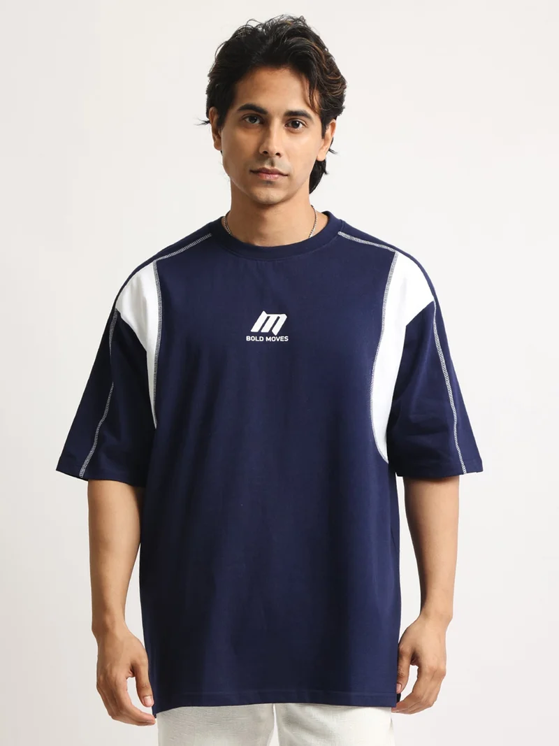 مانياك Maniac Mens Printed Round Neck Half Sleeve Black and Beige Cotton Tshirt