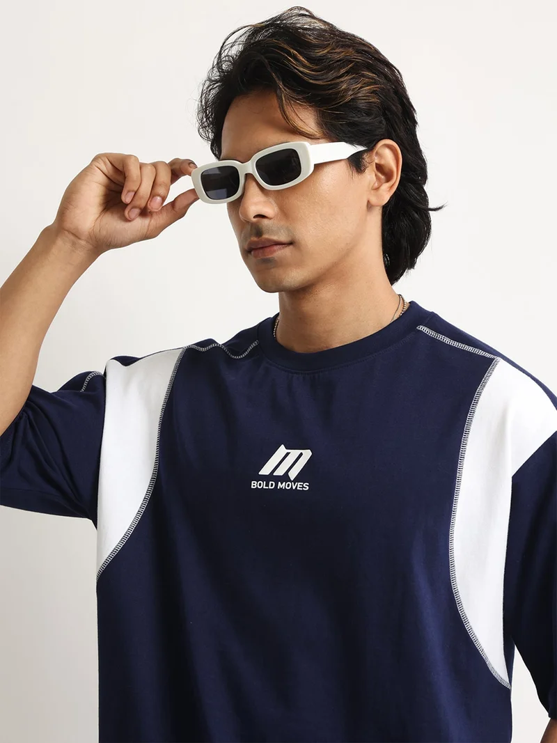 Maniac Maniac Mens Printed Round Neck Half Sleeve Black and Beige Cotton Tshirt