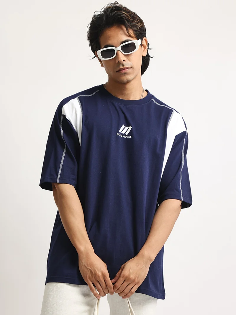 مانياك Maniac Mens Printed Round Neck Half Sleeve Black and Beige Cotton Tshirt