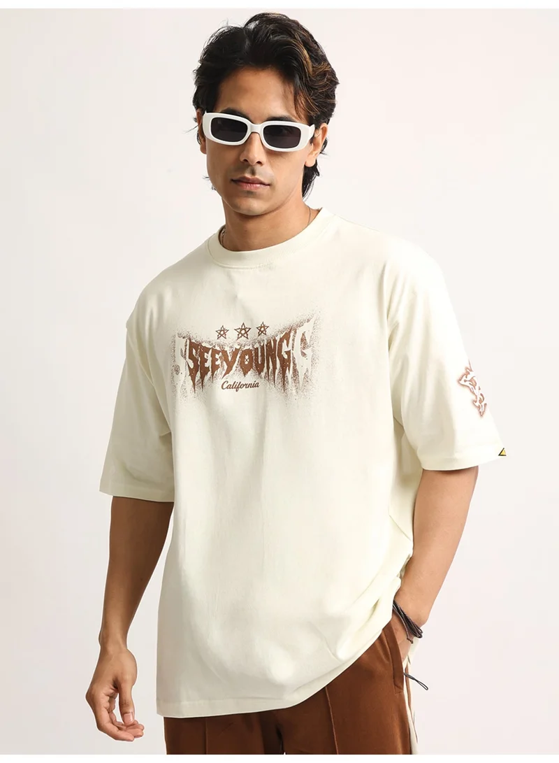 Maniac Maniac Mens Printed Round Neck Half Sleeve Cream and Brown Cotton Tshirt