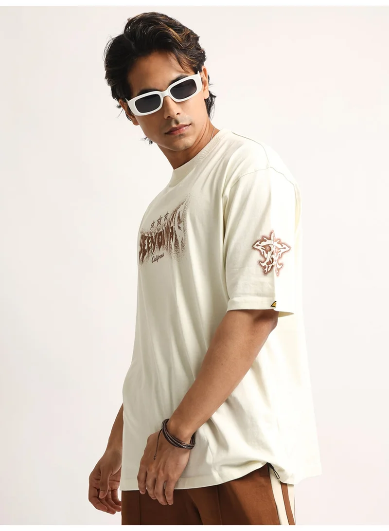 Maniac Maniac Mens Printed Round Neck Half Sleeve Cream and Brown Cotton Tshirt