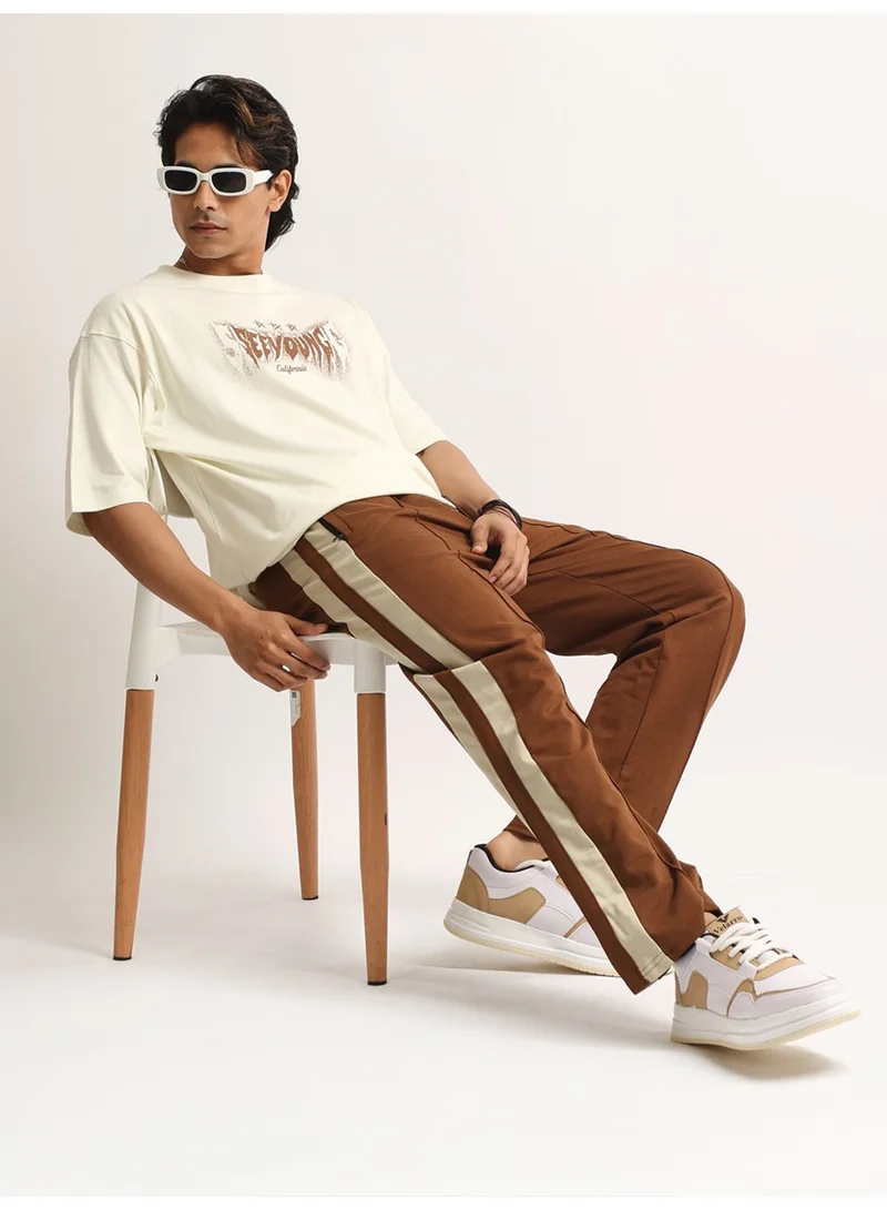 Maniac  Maniac Mens Printed Round Neck Half Sleeve Cream and Brown Cotton Tshirt for Men | Best Price UAE