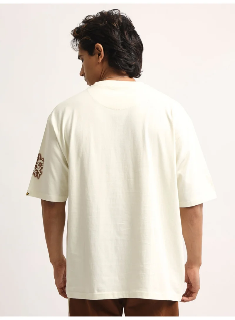 Maniac  Maniac Mens Printed Round Neck Half Sleeve Cream and Brown Cotton Tshirt for Men | Best Price UAE