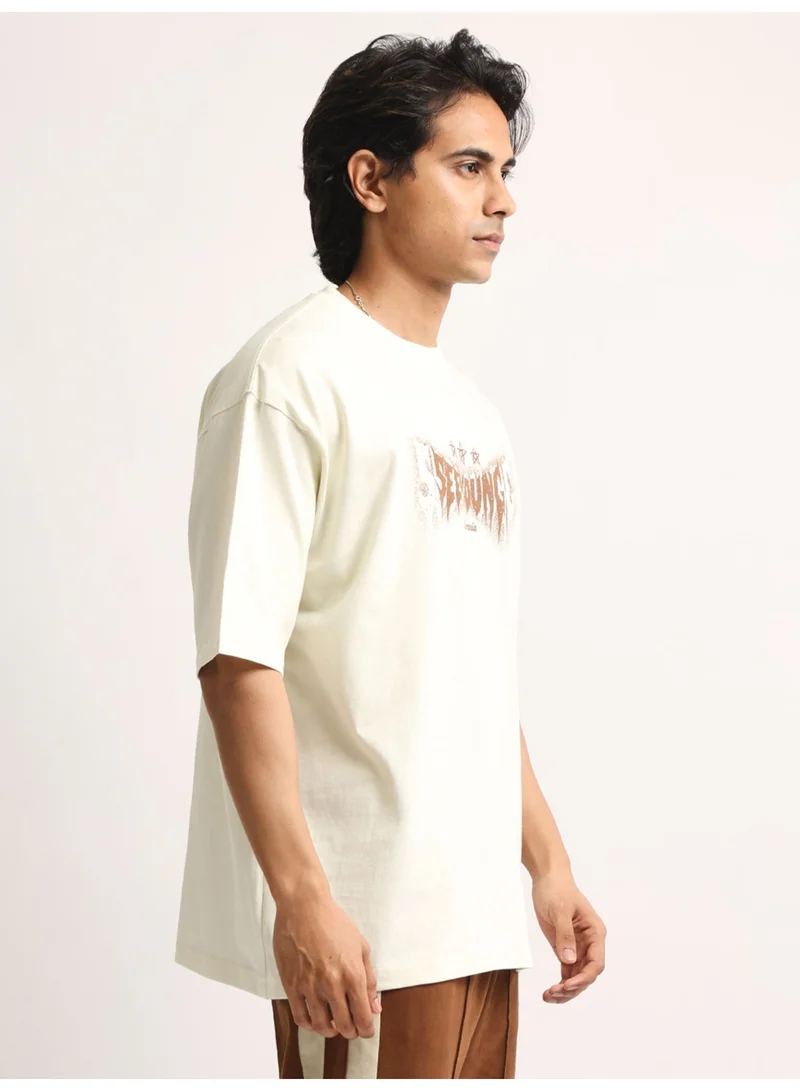 Maniac  Maniac Mens Printed Round Neck Half Sleeve Cream and Brown Cotton Tshirt for Men | Best Price UAE