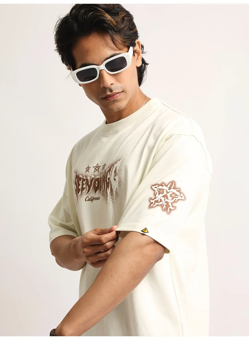 مانياك Maniac Mens Printed Round Neck Half Sleeve Cream and Brown Cotton Tshirt